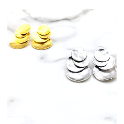 Ampelos earrings – Greek hammered jewelry in 18K gold plated, 18K silver plated, and rose gold plated. Handcrafted layered circular design inspired by the vine.