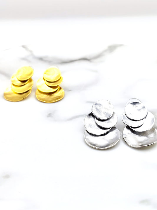 Ampelos earrings – Greek hammered jewelry in 18K gold plated, 18K silver plated, and rose gold plated. Handcrafted layered circular design inspired by the vine.