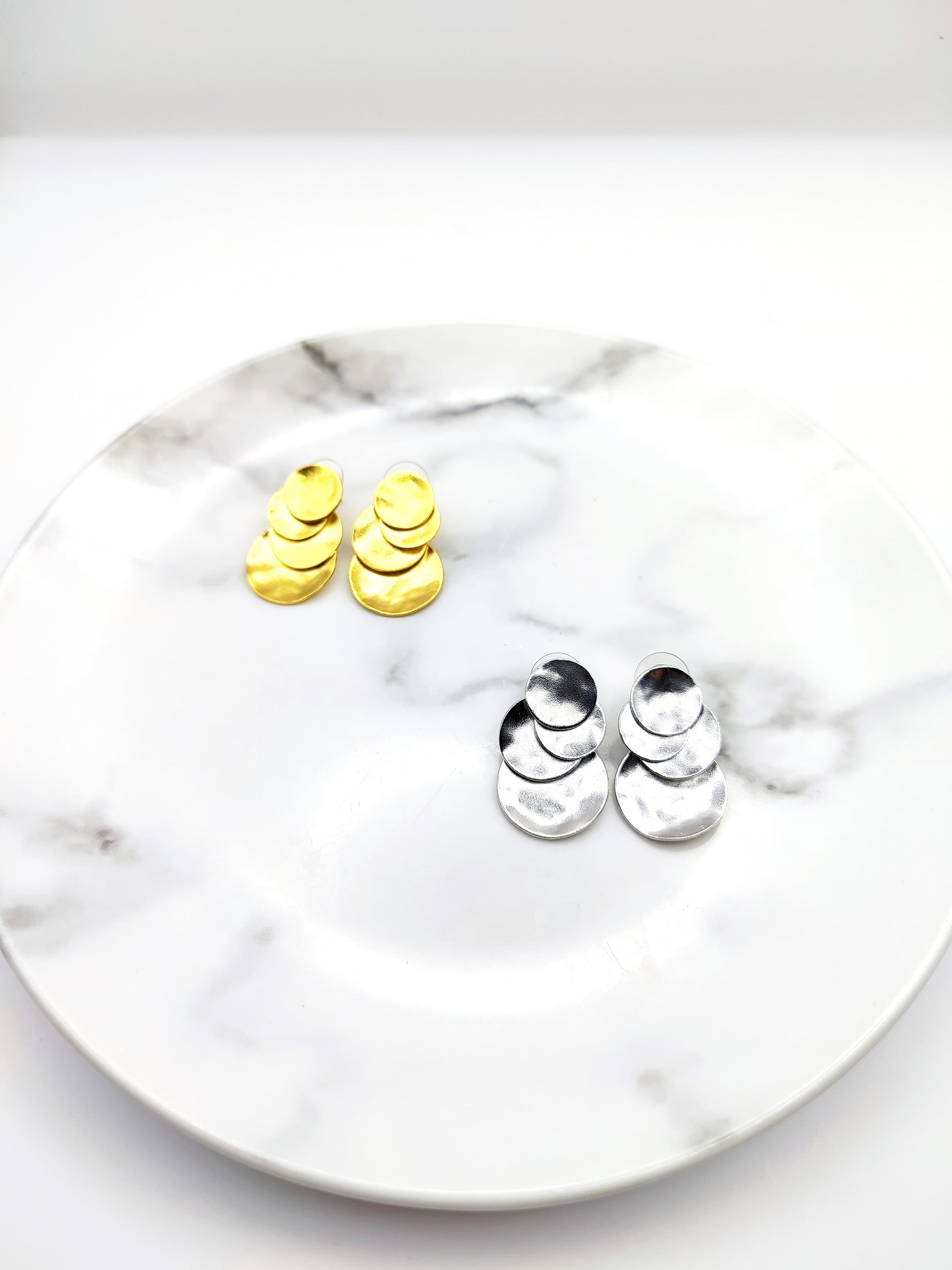 Ampelos earrings – Greek hammered jewelry in 18K gold plated, 18K silver plated, and rose gold plated. Handcrafted layered circular design inspired by the vine.
