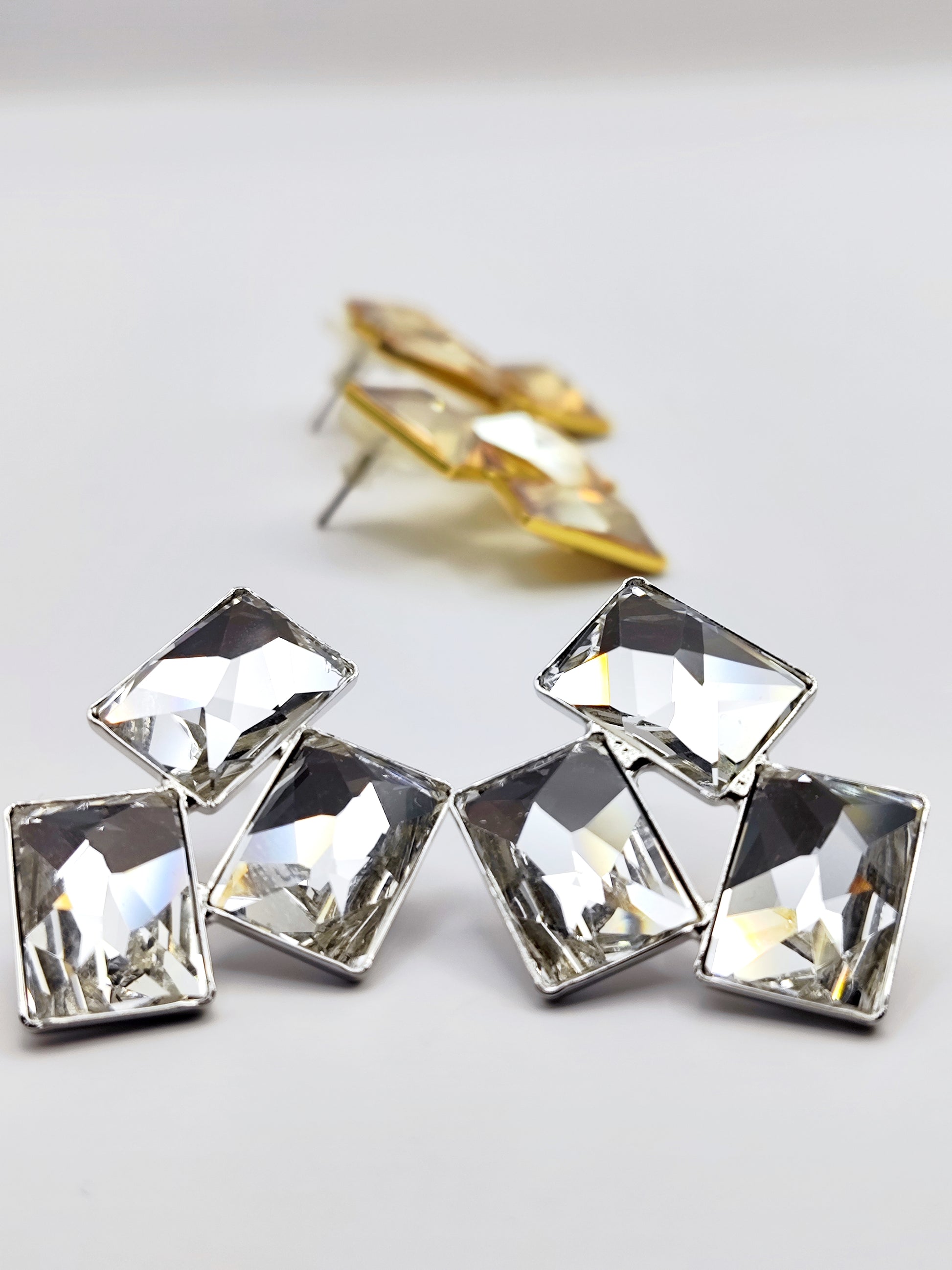 Crete Earrings with Crystal – Greek hammered jewelry in 18K gold plated, 18K silver plated, and rose gold plated. Handcrafted earrings with bold geometric faceted crystal design inspired by Minoan Crete.