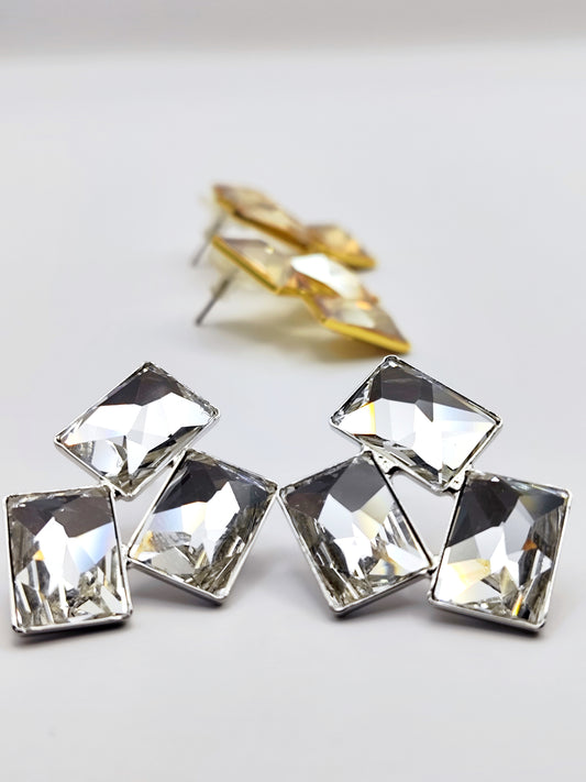 Crete Earrings with Crystal – Greek hammered jewelry in 18K gold plated, 18K silver plated, and rose gold plated. Handcrafted earrings with bold geometric faceted crystal design inspired by Minoan Crete.