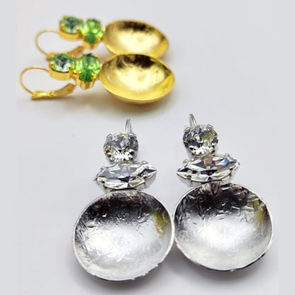 Santorini earrings with crystal – Greek hammered jewelry in 18K gold plated, 18K silver plated, and rose gold plated. Handcrafted earrings with hammered discs and sparkling crystals inspired by the island of Santorini.