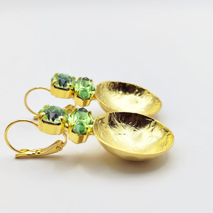 Santorini earrings with crystal – Greek hammered jewelry in 18K gold plated, 18K silver plated, and rose gold plated. Handcrafted earrings with hammered discs and sparkling crystals inspired by the island of Santorini.