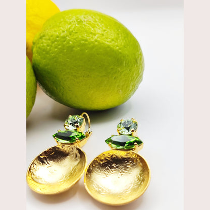 Santorini earrings with crystal – Greek hammered jewelry in 18K gold plated, 18K silver plated, and rose gold plated. Handcrafted earrings with hammered discs and sparkling crystals inspired by the island of Santorini.