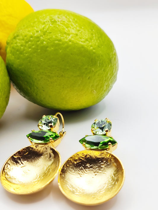 Santorini earrings with crystal – Greek hammered jewelry in 18K gold plated, 18K silver plated, and rose gold plated. Handcrafted earrings with hammered discs and sparkling crystals inspired by the island of Santorini.