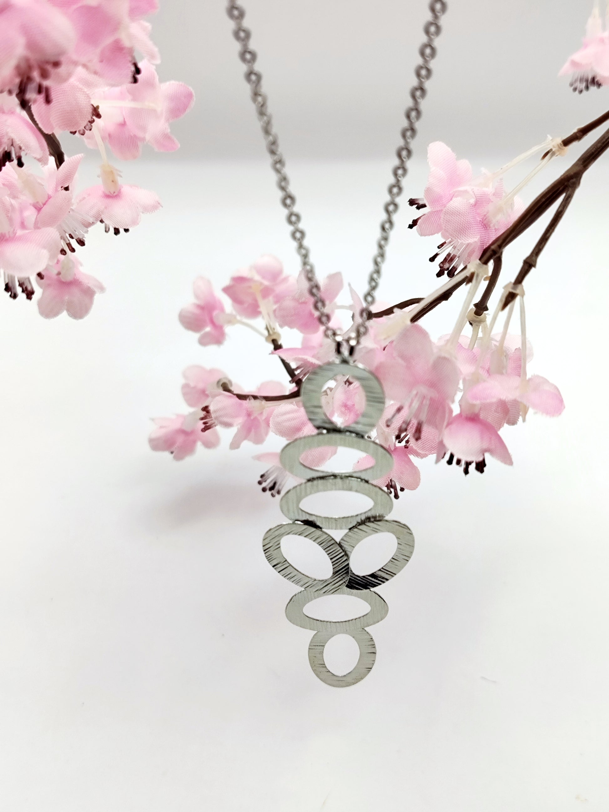Handcrafted Amphora necklace, Greek hammered jewelry, silver plated, vertical graduated oval cut-out design