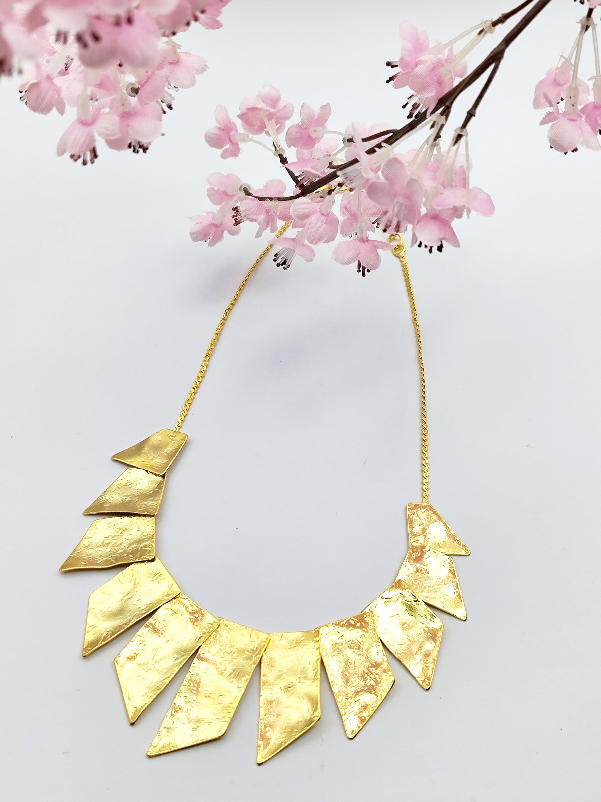 Kion Necklace – Greek Hammered Jewelry – 18K Gold, Silver, or Rose Gold Plated. Geometric statement necklace inspired by ancient Greek columns with hammered texture.
