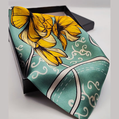 Golden Magnolia luxury silk square scarf 55x55 cm – turquoise with golden floral print – CF fashion