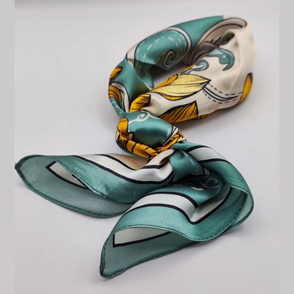 Golden Magnolia luxury silk square scarf 55x55 cm – turquoise with golden floral print – CF fashion