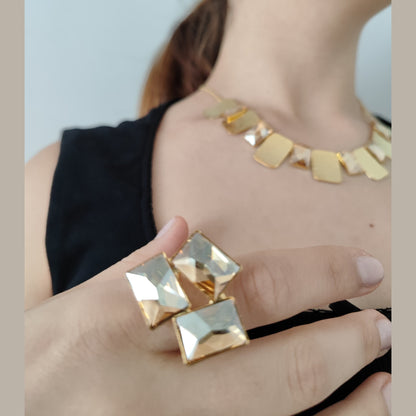 Crete Ring with Crystal – Greek hammered jewelry in 18K gold plated, 18K silver plated, and rose gold plated. Handcrafted adjustable ring with bold faceted crystal design inspired by Minoan Crete.