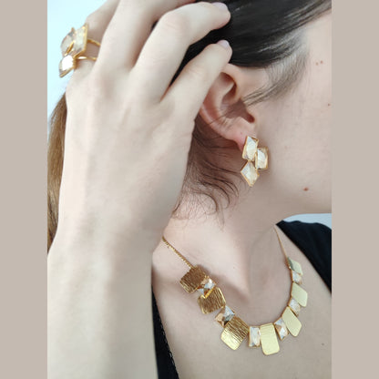 Crete Earrings with Crystal – Greek hammered jewelry in 18K gold plated, 18K silver plated, and rose gold plated. Handcrafted earrings with bold geometric faceted crystal design inspired by Minoan Crete.