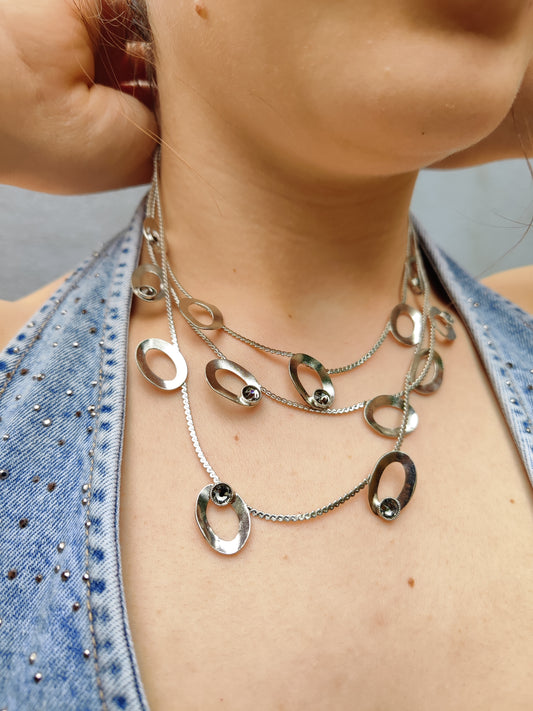 tinos necklace greek hammered jewelry 18k gold or silver plated with black crystal layered design