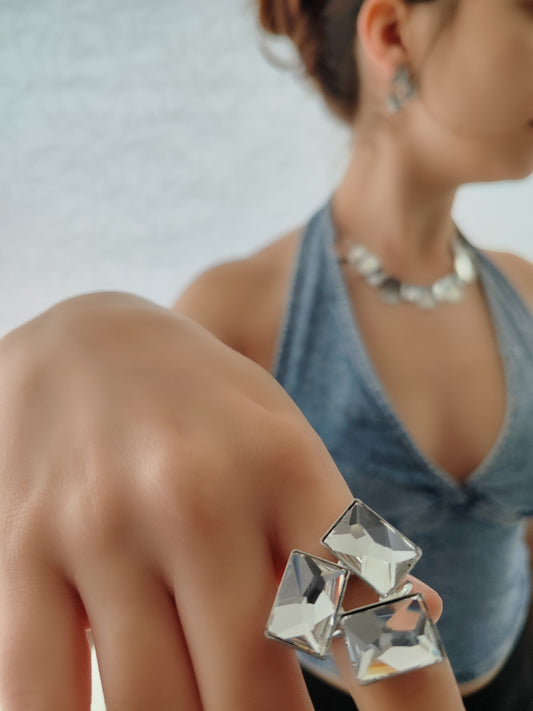 Crete Ring with Crystal – Greek hammered jewelry in 18K gold plated, 18K silver plated, and rose gold plated. Handcrafted adjustable ring with bold faceted crystal design inspired by Minoan Crete.