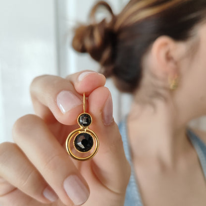 tinos earrings greek hammered jewelry 18k gold or silver plated with black crystal