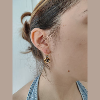 tinos earrings greek hammered jewelry 18k gold or silver plated with black crystal