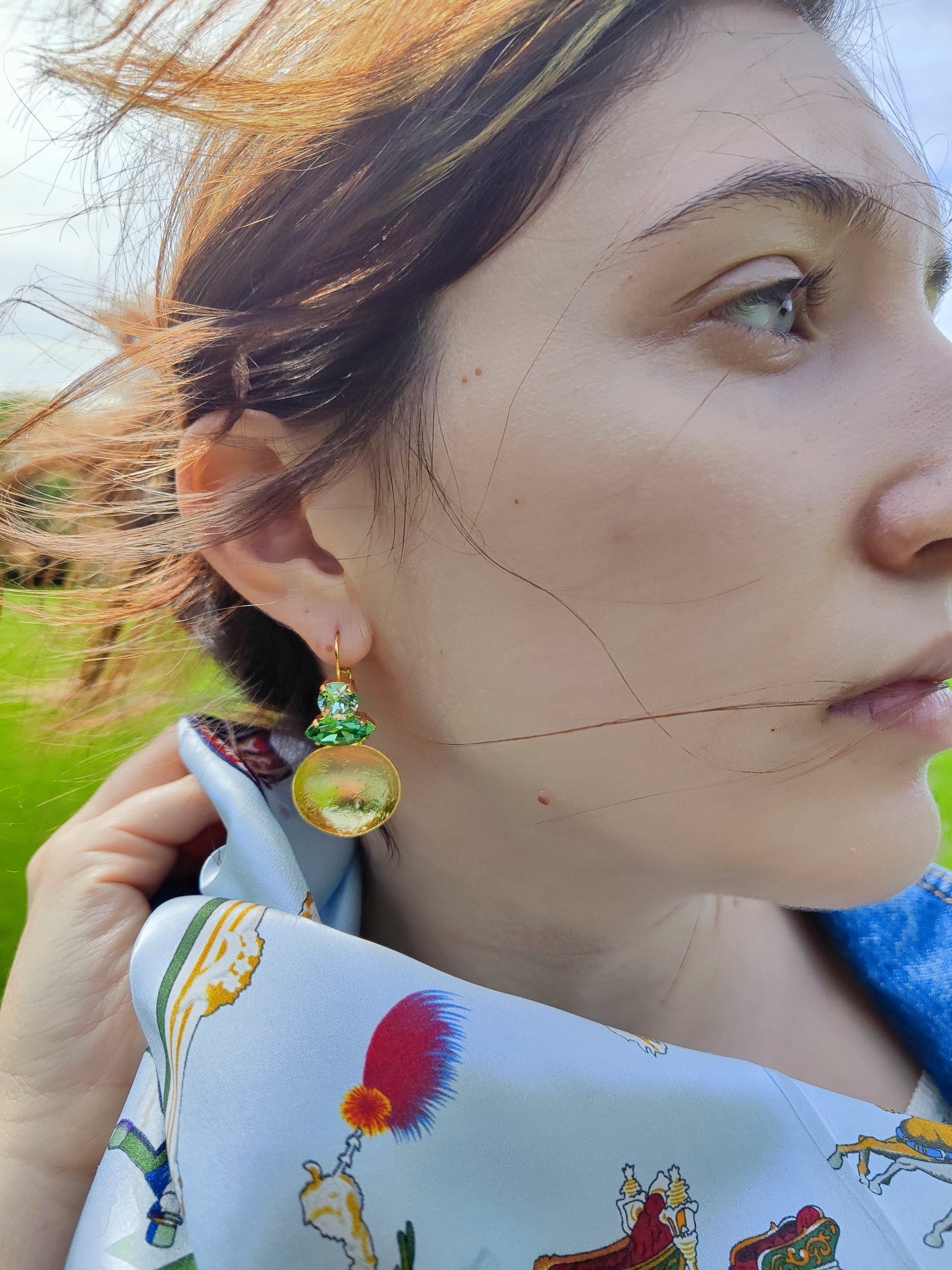 Santorini earrings with crystal – Greek hammered jewelry in 18K gold plated, 18K silver plated, and rose gold plated. Handcrafted earrings with hammered discs and sparkling crystals inspired by the island of Santorini.