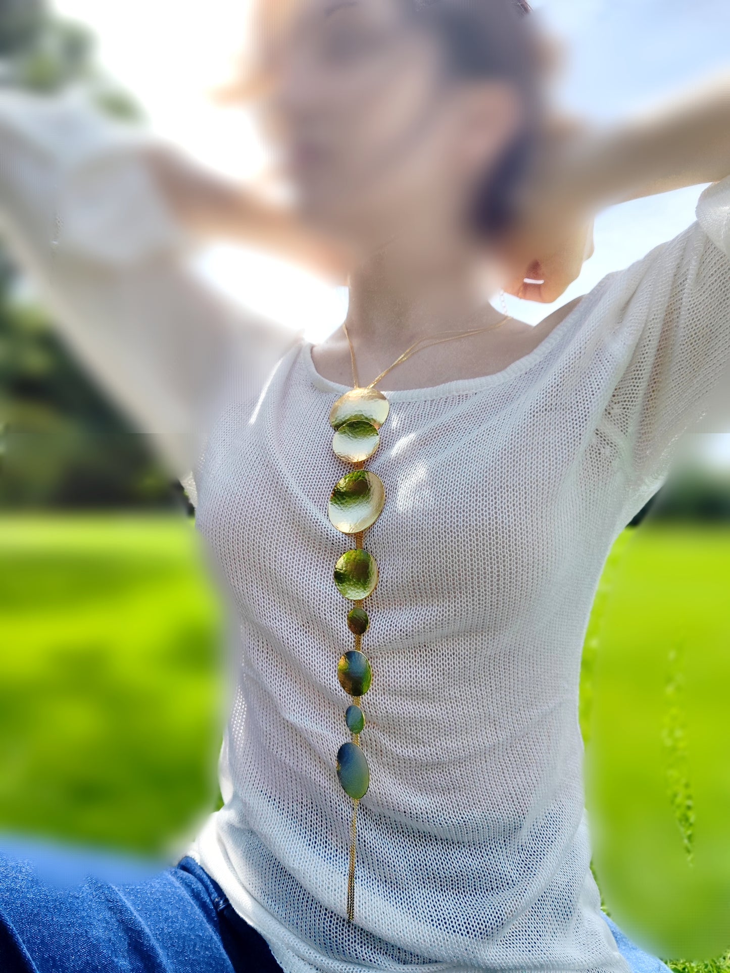 Rhea necklace – Greek hammered jewelry in 18K gold plated, 18K silver plated, and rose gold plated. Handcrafted necklace with hammered circular discs symbolizing the eternal cycle of life.