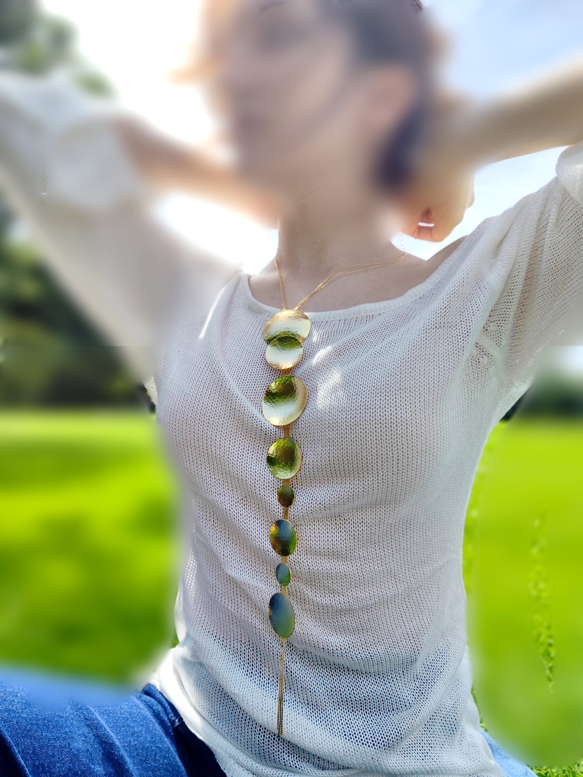 Rhea necklace – Greek hammered jewelry in 18K gold plated, 18K silver plated, and rose gold plated. Handcrafted necklace with hammered circular discs symbolizing the eternal cycle of life.
