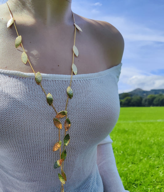 Phylion necklace Greek hammered jewelry 18K gold or silver plated with leaf design