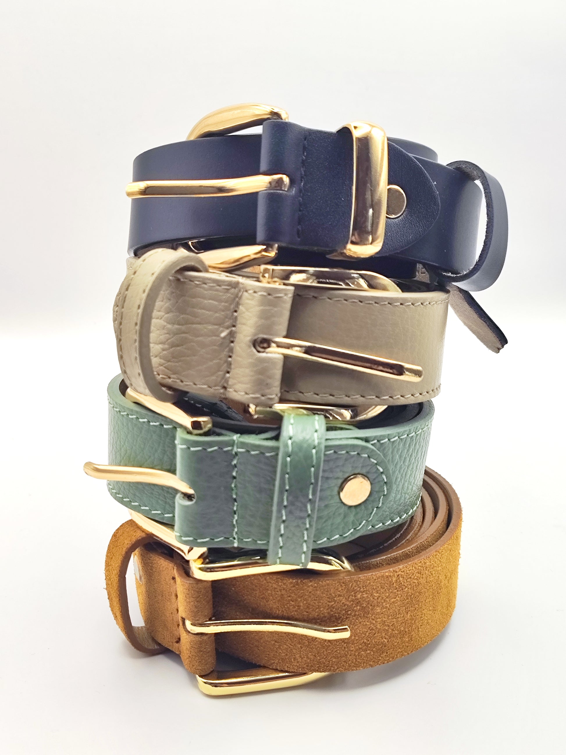 Premium leather belt with silver buckle in lavender, beige, and turquoise – unisex fashion accessory
