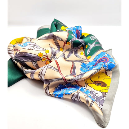 Botanica luxury silk square scarf 55x55 cm – emerald green with floral print – CF fashion