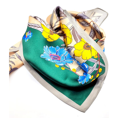 Botanica luxury silk square scarf 55x55 cm – emerald green with floral print – CF fashion