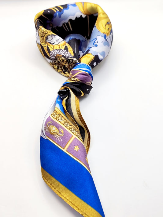 Versailles Sky luxury silk square scarf 55x55 – blue and gold celestial design – CF fashion