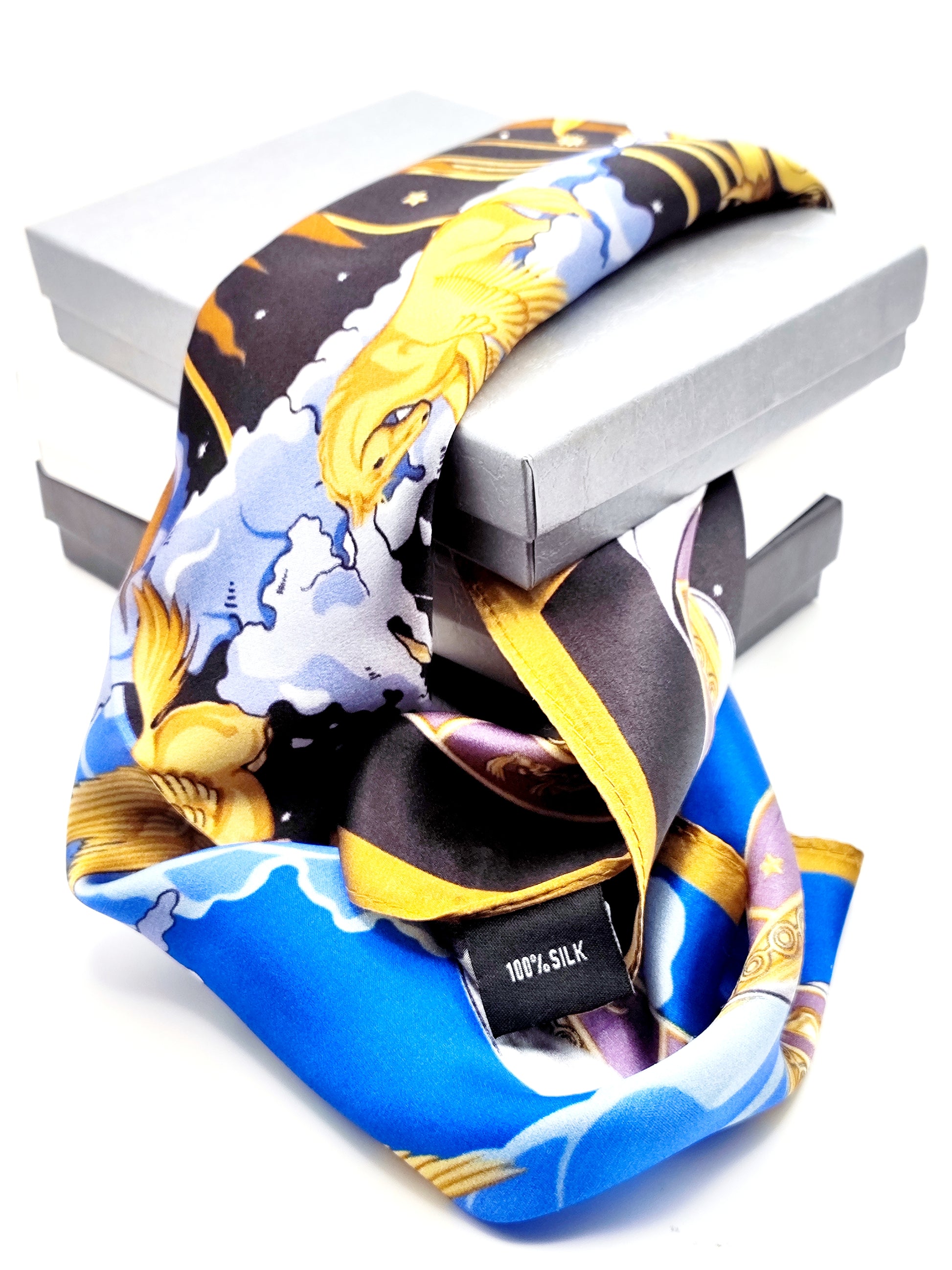 Versailles Sky luxury silk square scarf 55x55 – blue and gold celestial design – CF fashion