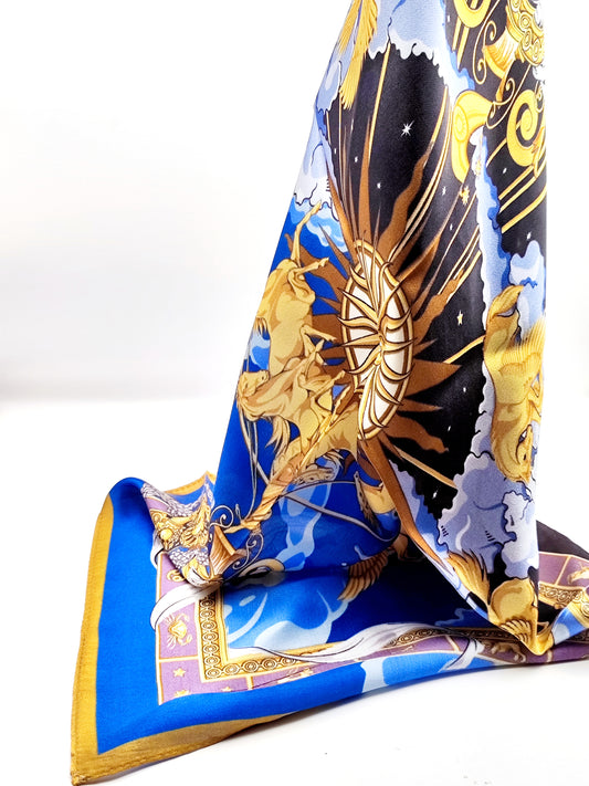 Versailles Sky luxury silk square scarf 55x55 – blue and gold celestial design – CF fashion