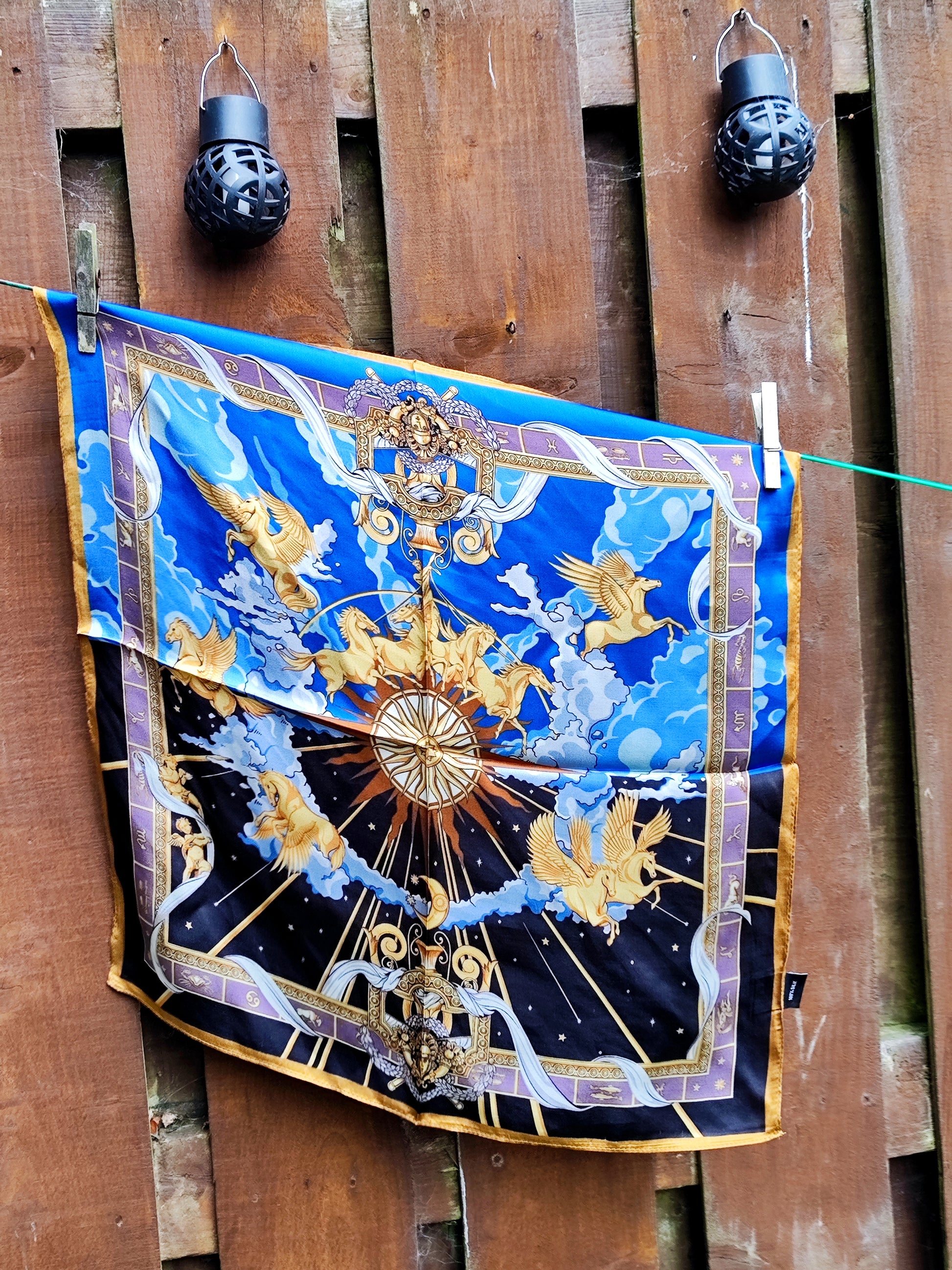 Versailles Sky luxury silk square scarf 55x55 – blue and gold celestial design – CF fashion