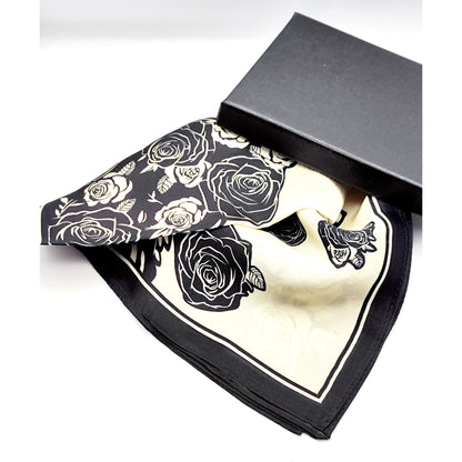 Noir Rose luxury silk square scarf 55x55 black rose motif on cream background CF fashion