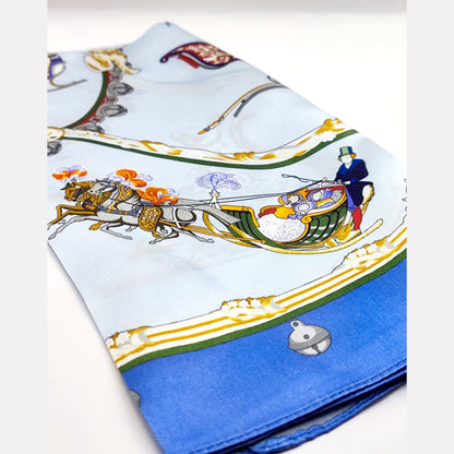 Royal Carriage luxury silk square scarf 55x55 – blue and gold baroque carriage design – CF fashion