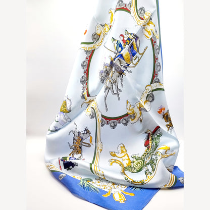 Royal Carriage luxury silk square scarf 55x55 – blue and gold baroque carriage design – CF fashion