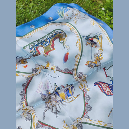 Royal Carriage luxury silk square scarf 55x55 – blue and gold baroque carriage design – CF fashion