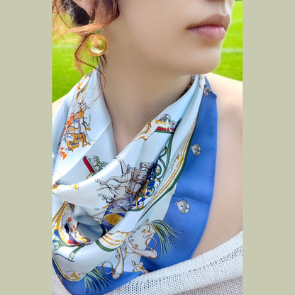 Royal Carriage luxury silk square scarf 55x55 – blue and gold baroque carriage design – CF fashion