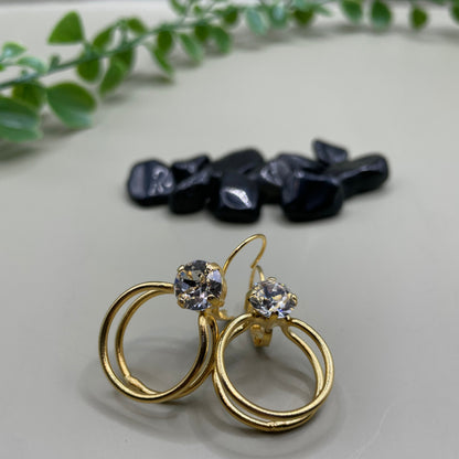 Gold double hoop earrings with Swarovski crystal, Greek hammered jewelry, available in gold, silver, and rose gold