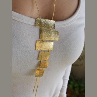 Isthmus Necklace – Greek Hammered Jewelry – 18K Gold, Silver, or Rose Gold Plated. Vertical hammered rectangular plates in bold geometric design.
