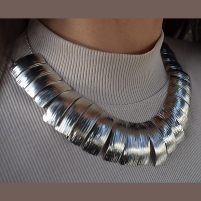 Aspides Necklace – Greek Hammered Jewelry – 18K Gold, Silver, or Rose Gold Plated. Handmade hammered statement necklace with shield-inspired segments.