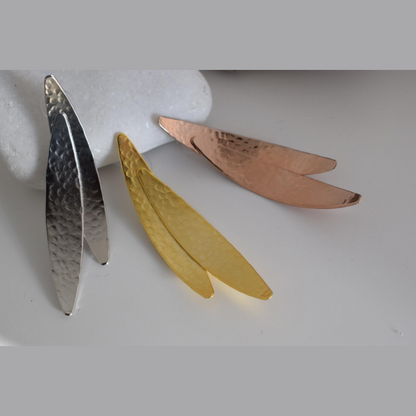 Pterygion earrings – Greek hammered jewelry – 18K gold, silver or rose gold plated – elongated hammered wing design