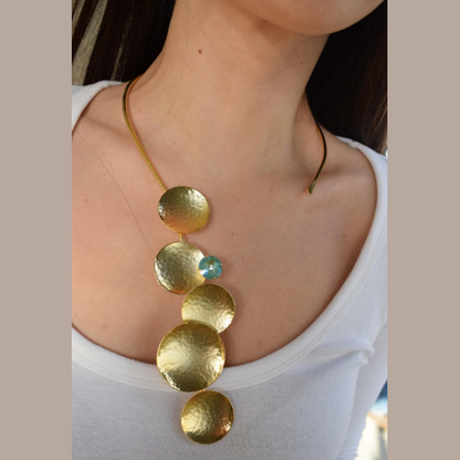 Diskos Necklace With Crystal – Greek Hammered Jewelry – 18K Gold, Silver, or Rose Gold Plated. Vertical hammered discs with crystal accent.