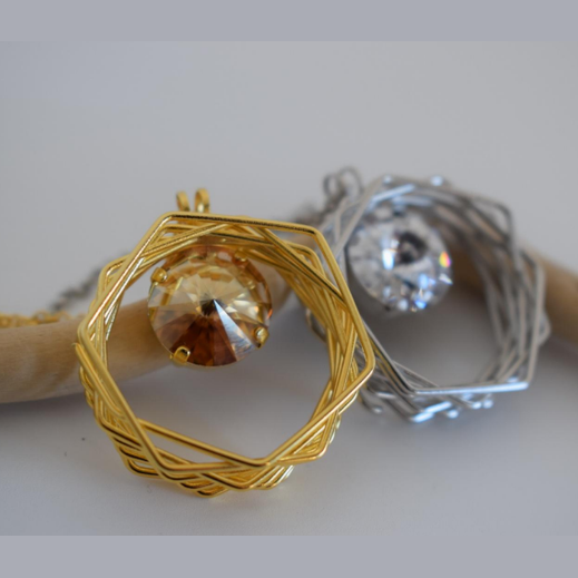 Evanthos Necklace, handmade Greek hammered jewelry with Swarovski crystals available in gold and silver plated.