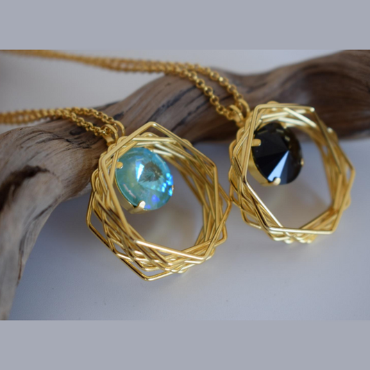 Evanthos Necklace, handmade Greek hammered jewelry with Swarovski crystals available in gold and silver plated.