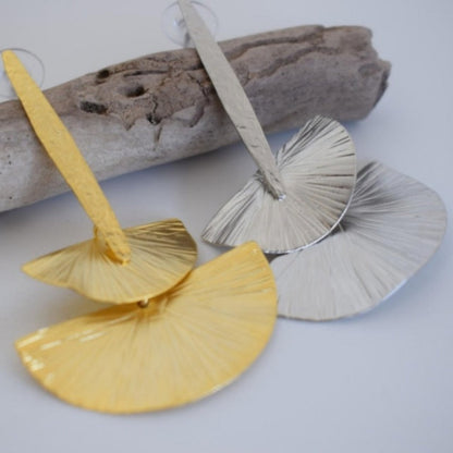 Handmade 18k gold plated double fan-shaped earrings inspired by the waves of the Aegean Sea, with textured hammered finish