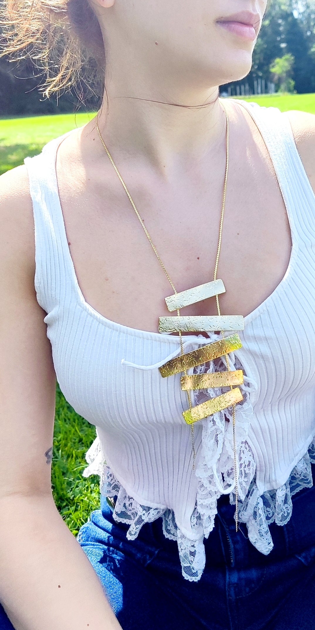 Meteora necklace Greek hammered jewelry 18K gold or silver plated with vertical hammered bars