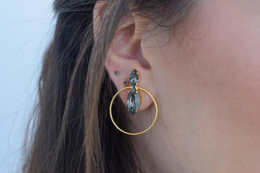 Helike2 earrings in handmade Greek hammered jewelry design with fine crystals, available in gold plated and silver plated finishes.