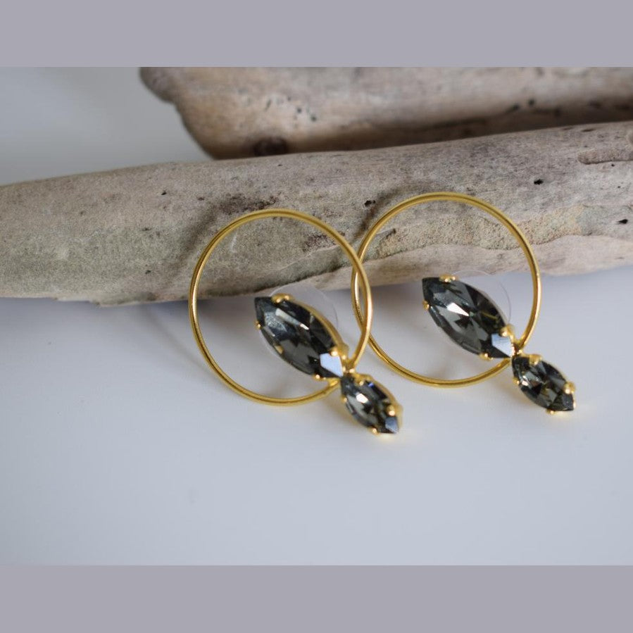 Helike2 earrings in handmade Greek hammered jewelry design with fine crystals, available in gold plated and silver plated finishes.
