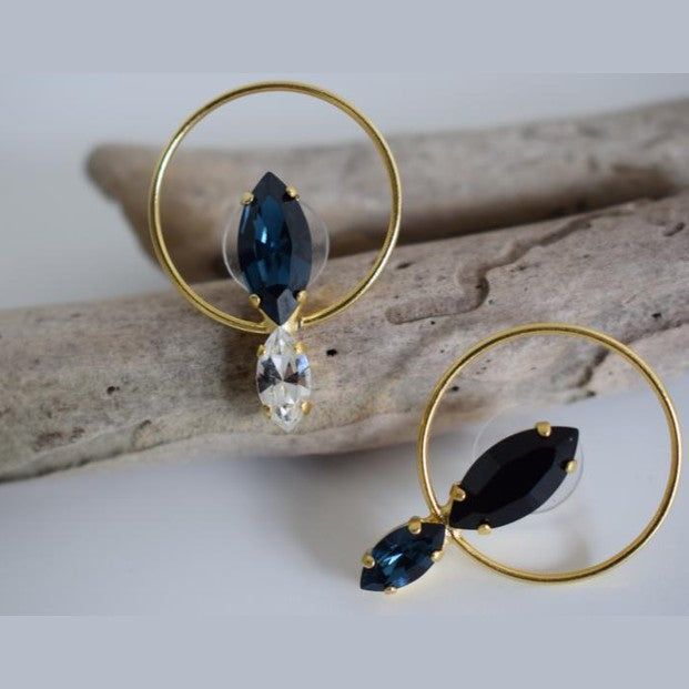 Helike2 earrings in handmade Greek hammered jewelry design with fine crystals, available in gold plated and silver plated finishes.
