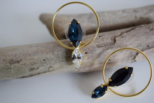 Helike2 earrings in handmade Greek hammered jewelry design with fine crystals, available in gold plated and silver plated finishes.