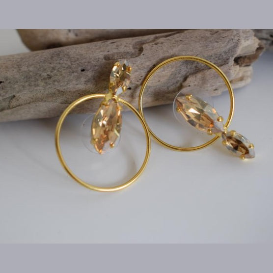 Helike2 earrings in handmade Greek hammered jewelry design with fine crystals, available in gold plated and silver plated finishes.