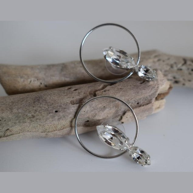 Helike2 earrings in handmade Greek hammered jewelry design with fine crystals, available in gold plated and silver plated finishes.